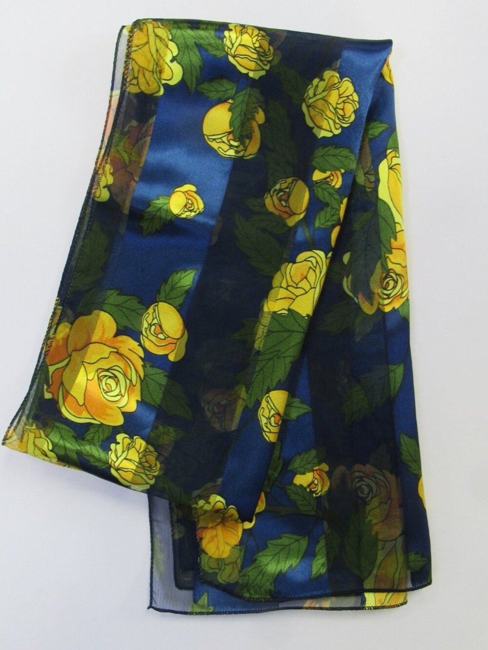 Women's Long Silk Feel Navy Blue Scarf Yellow Floral Rose Flower Print